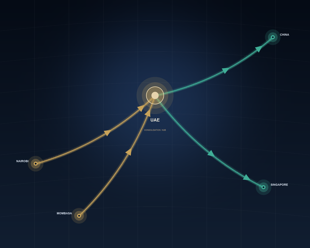 Trade route network: Nairobi and Mombasa connecting through the UAE consolidation hub to China and Singapore